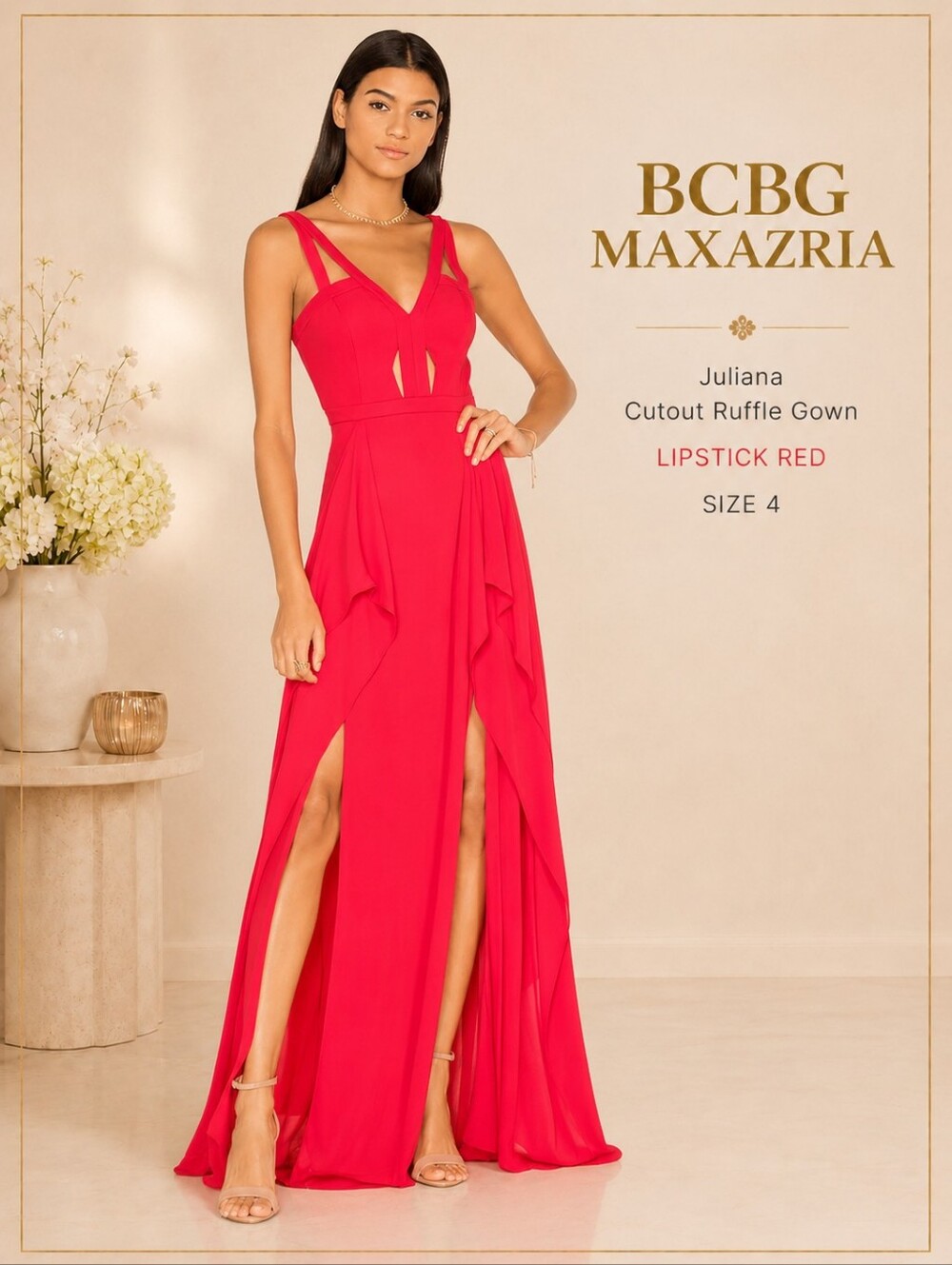 💃 BCBGMAXAZRIA Juliana Cutout Ruffle Gown – Lipstick Red – Size 4
